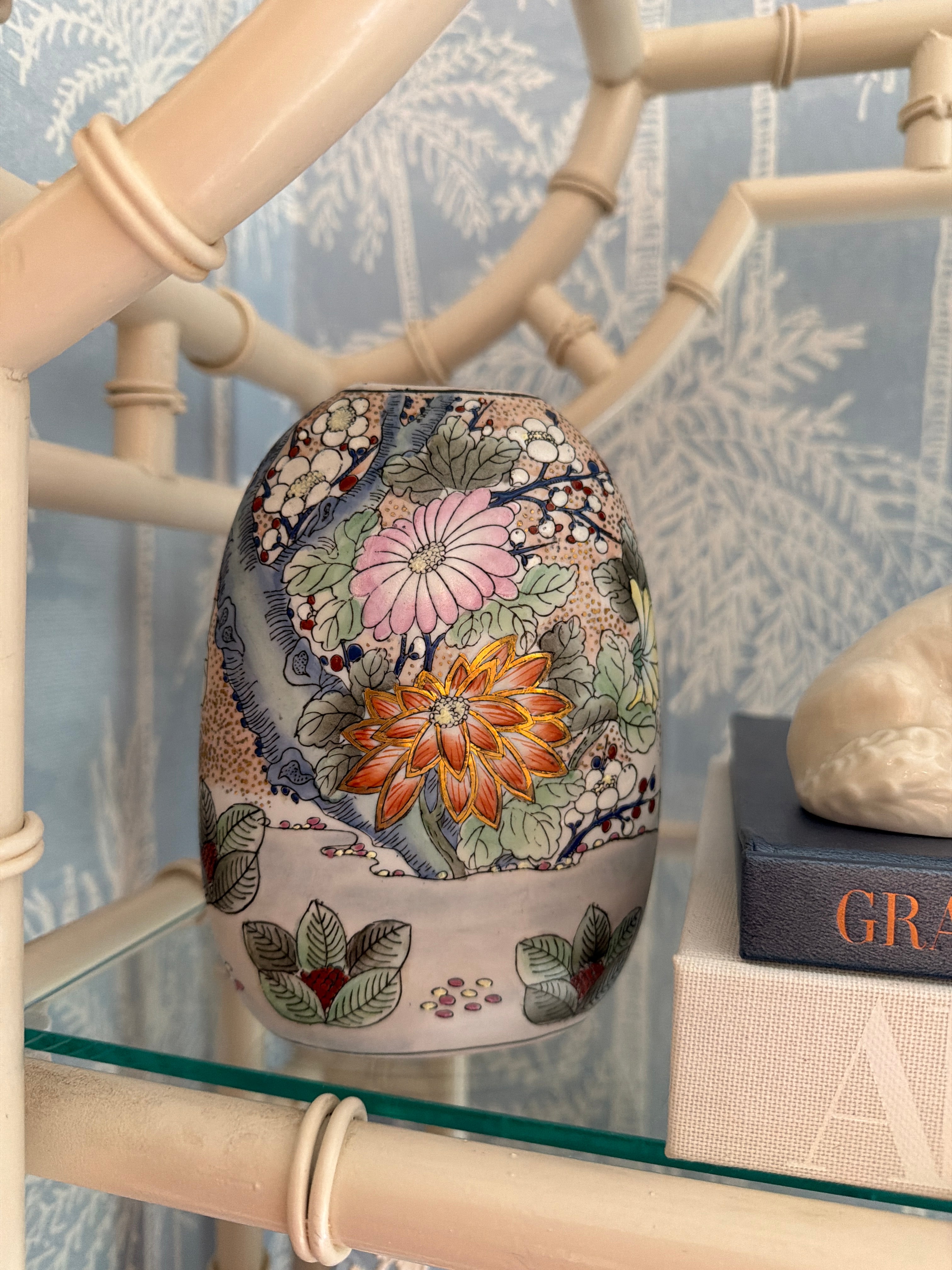 Vintage Chinoiserie style ceramic ginger jar with floral motifs