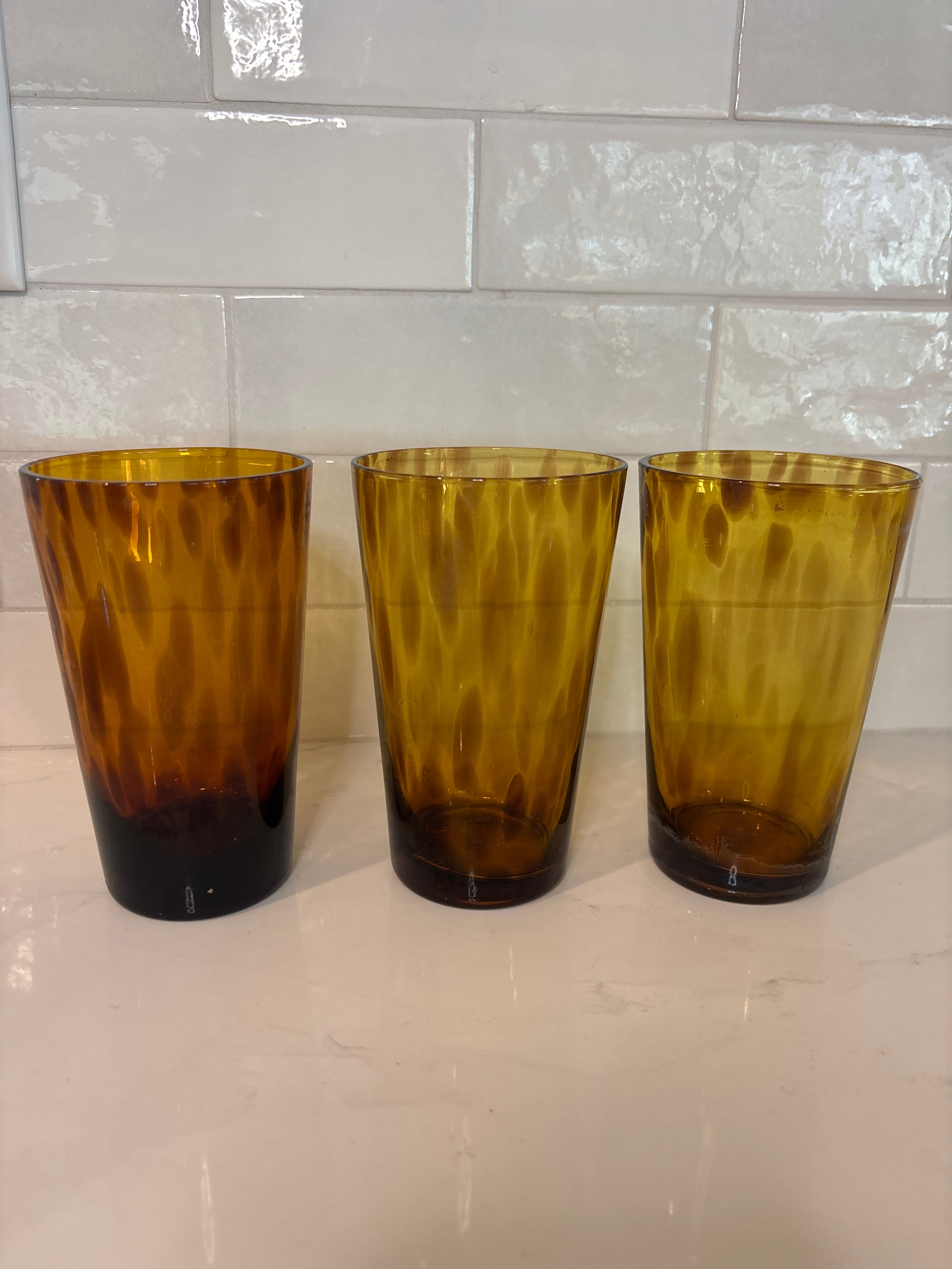 Set of three mid-century amber tortoiseshell pattern glass tumblers -High Ball