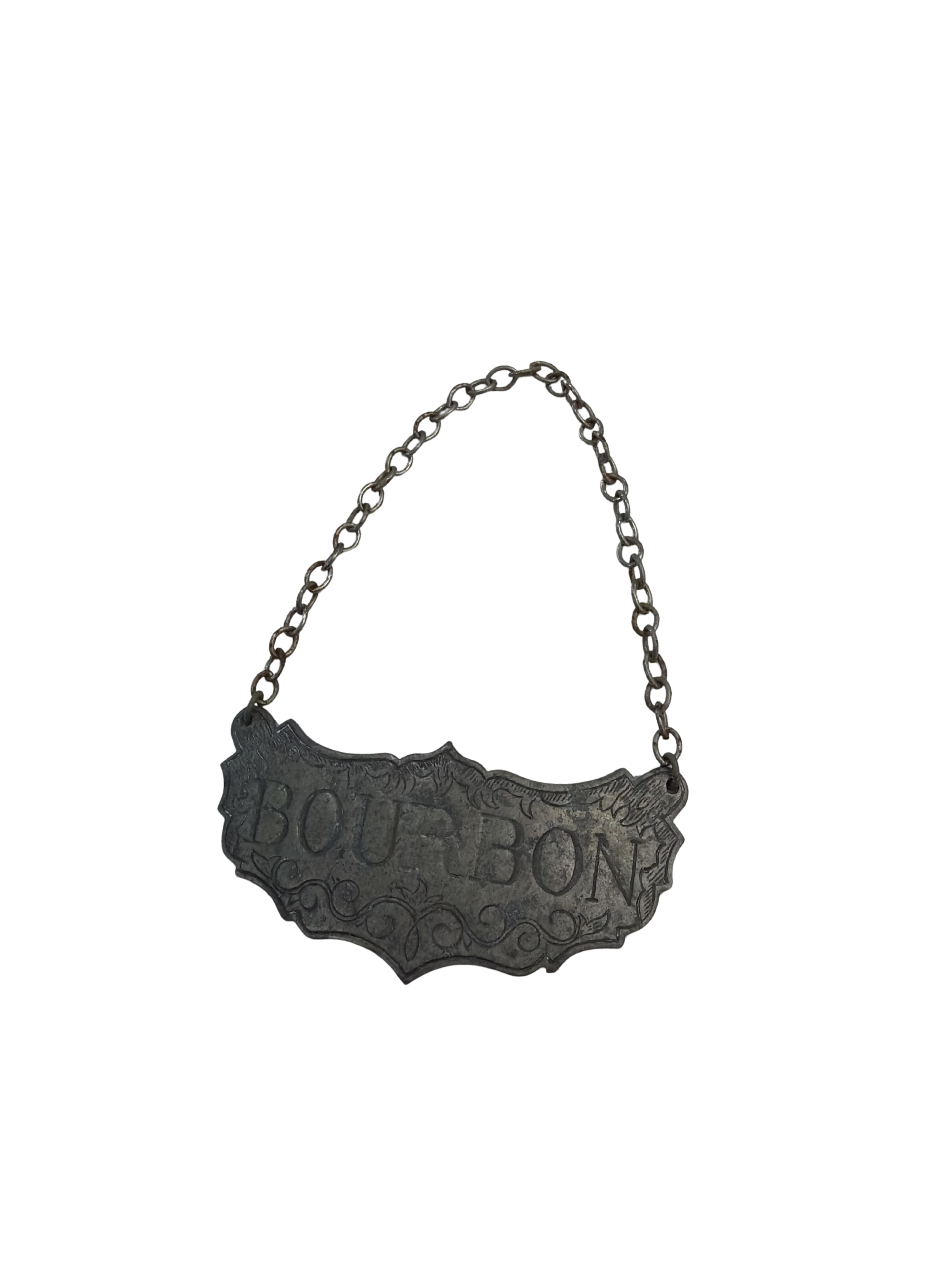 A set of three vintage metal decanter tags for Bourbon, Vodka, and Scotch