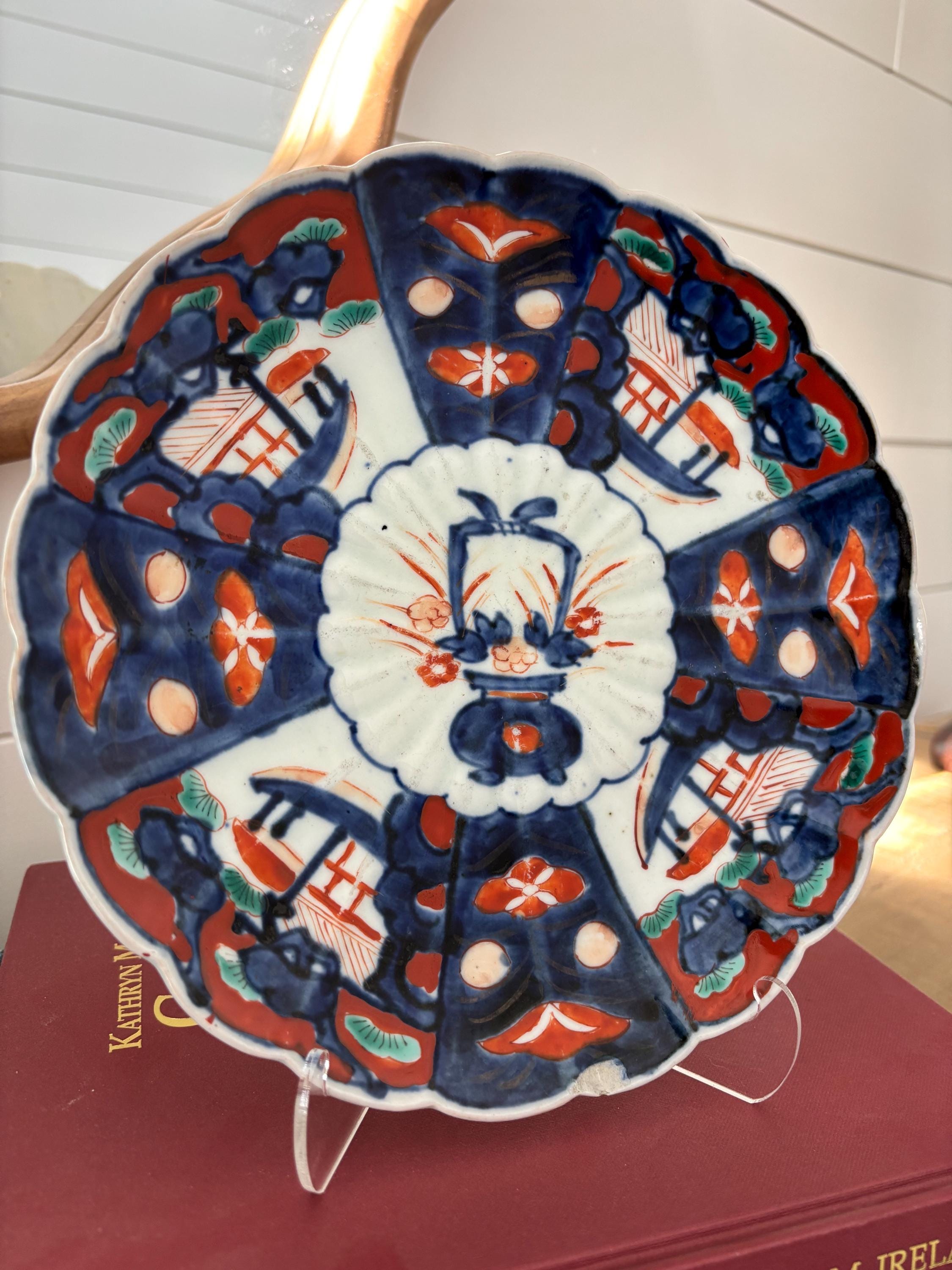 Antique Japanese Imari Scalloped Porcelain Plate –9” - Red, Blue & White – Hand-Painted 19th Century Charger