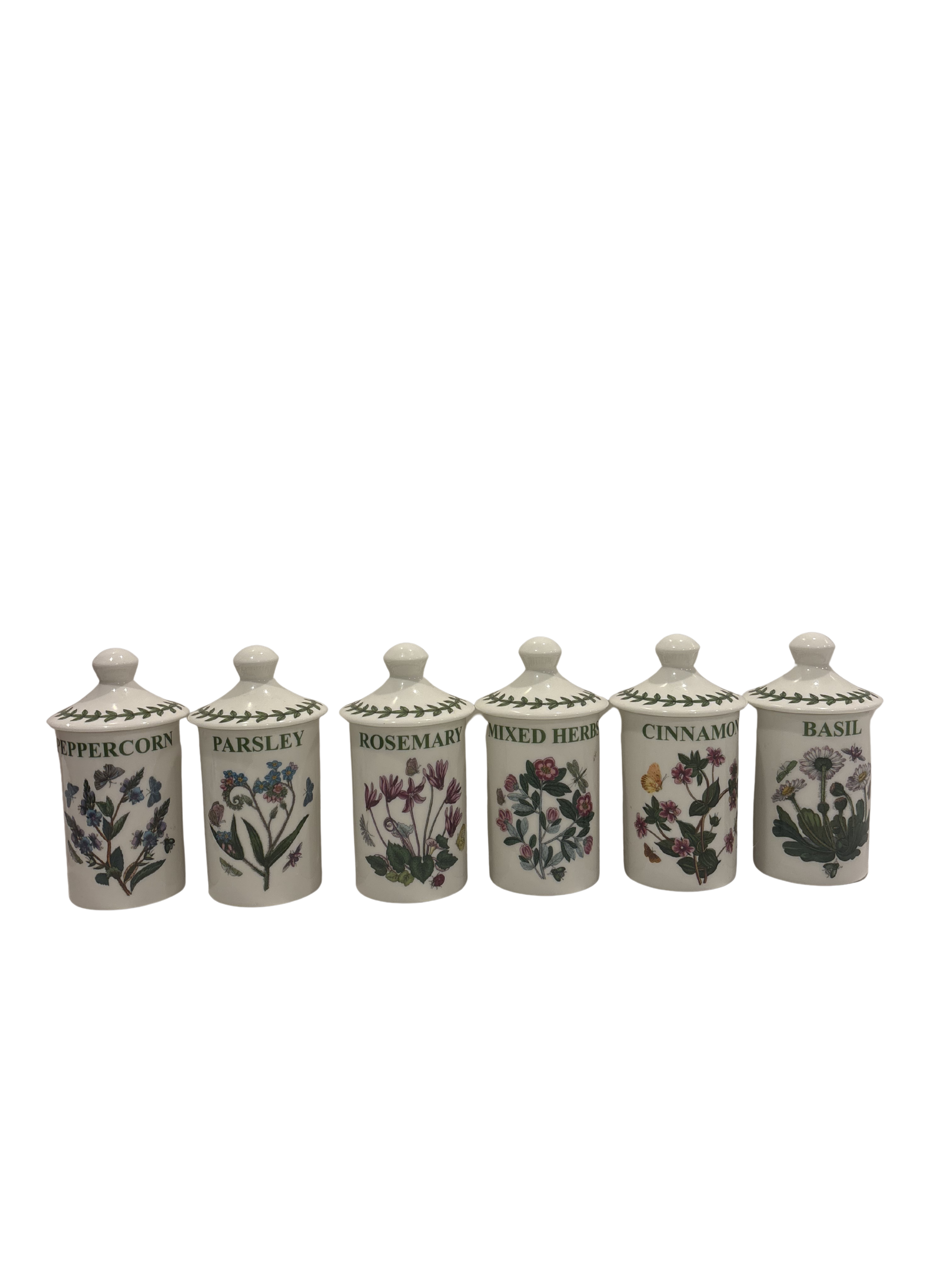 Set of six Portmeirion Botanic Garden ceramic spice jars