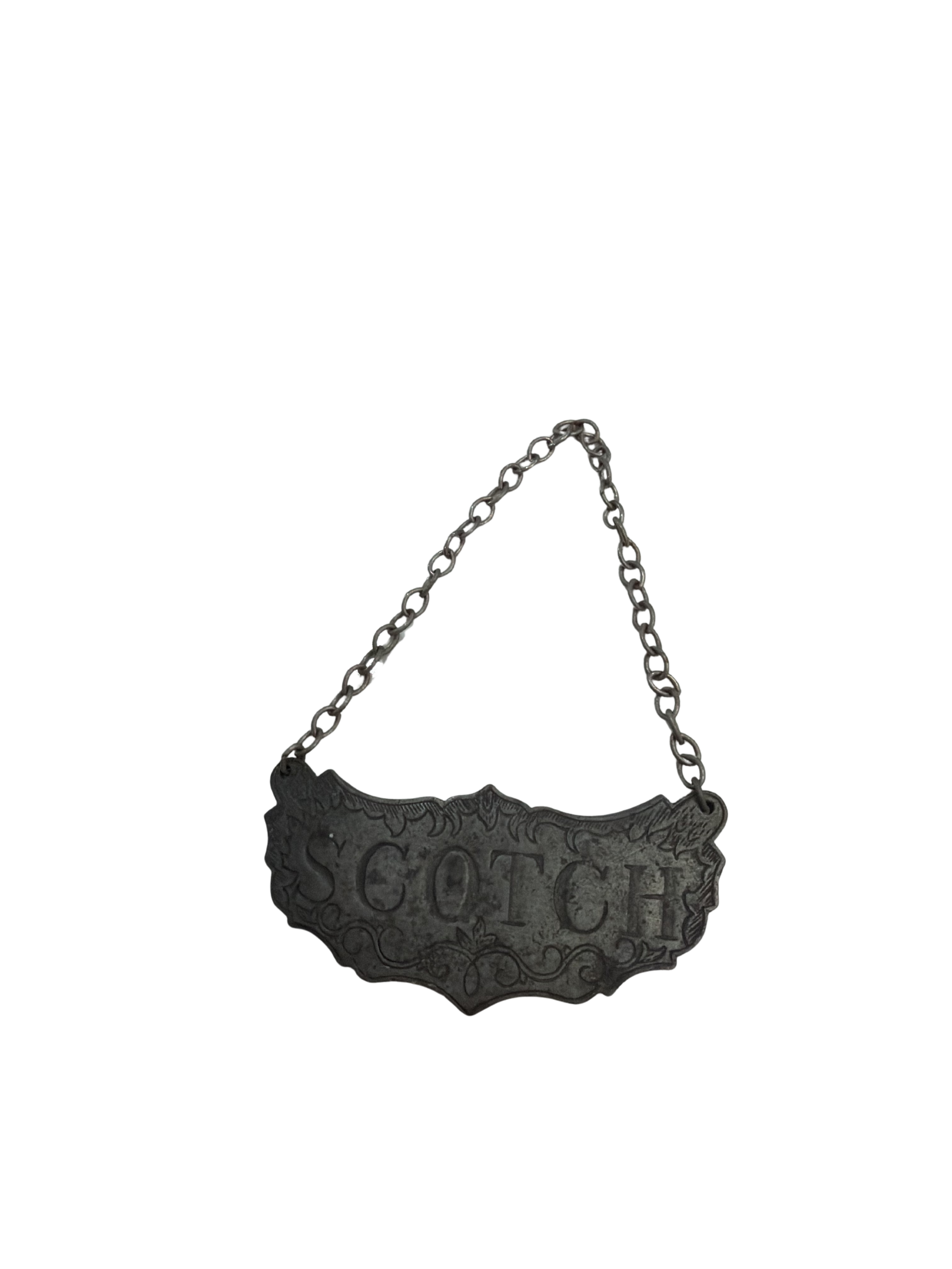 A set of three vintage metal decanter tags for Bourbon, Vodka, and Scotch