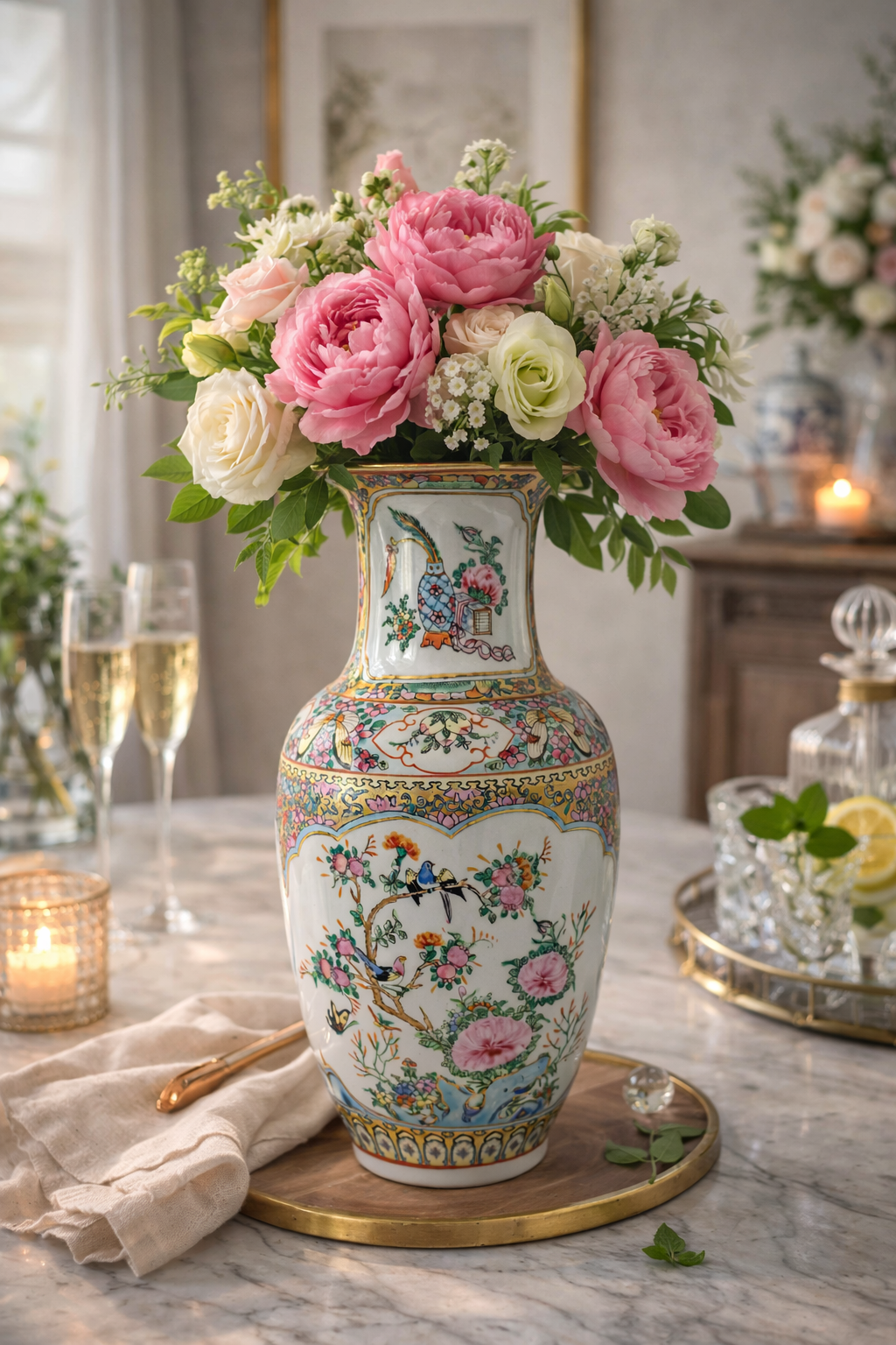 Vintage Ornate Chinese Porcelain Famille Vase with hand painted birds and floral motifs
