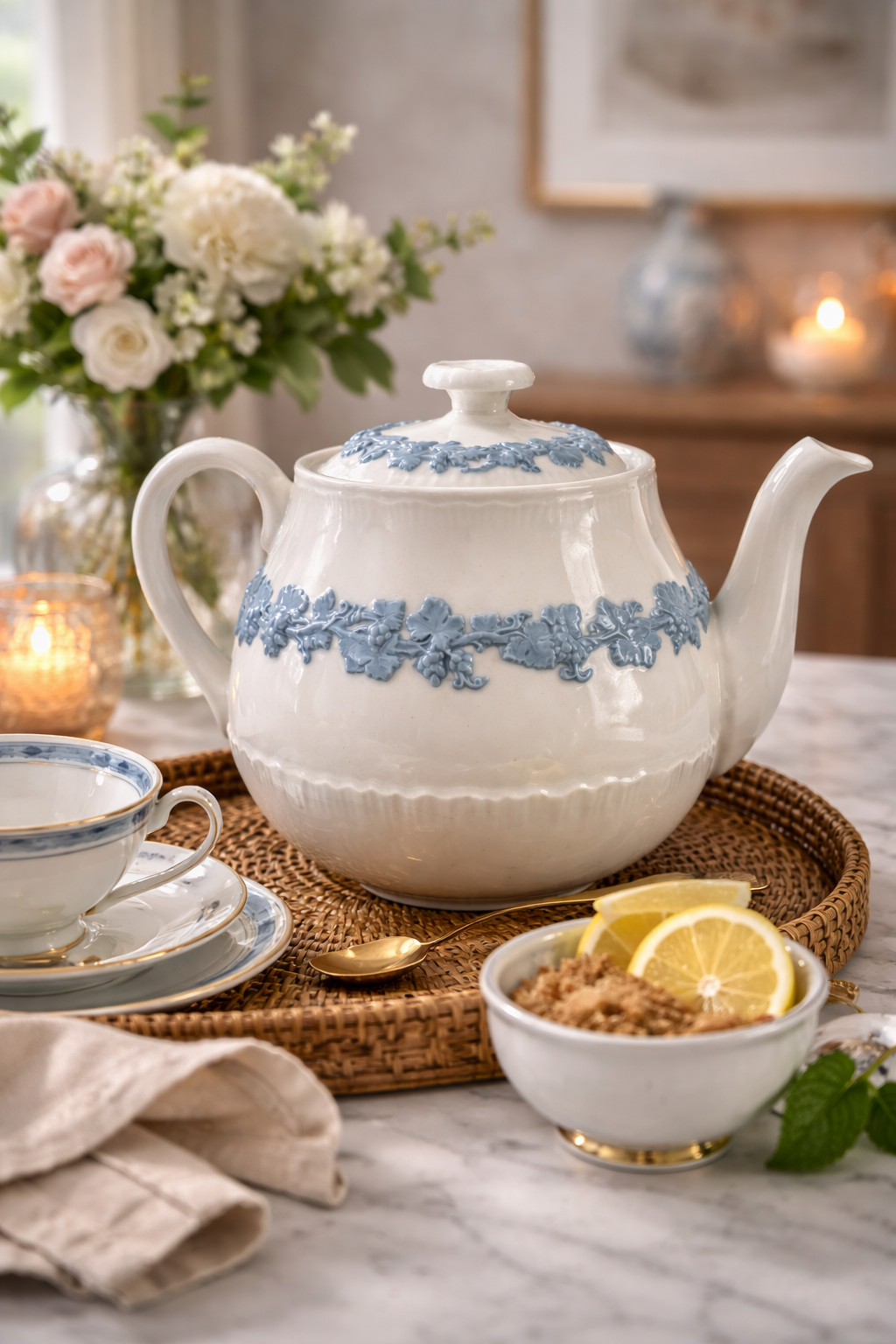 Vintage Wedgwood Queen's Ware embossed grape and vine teapot with shell edge