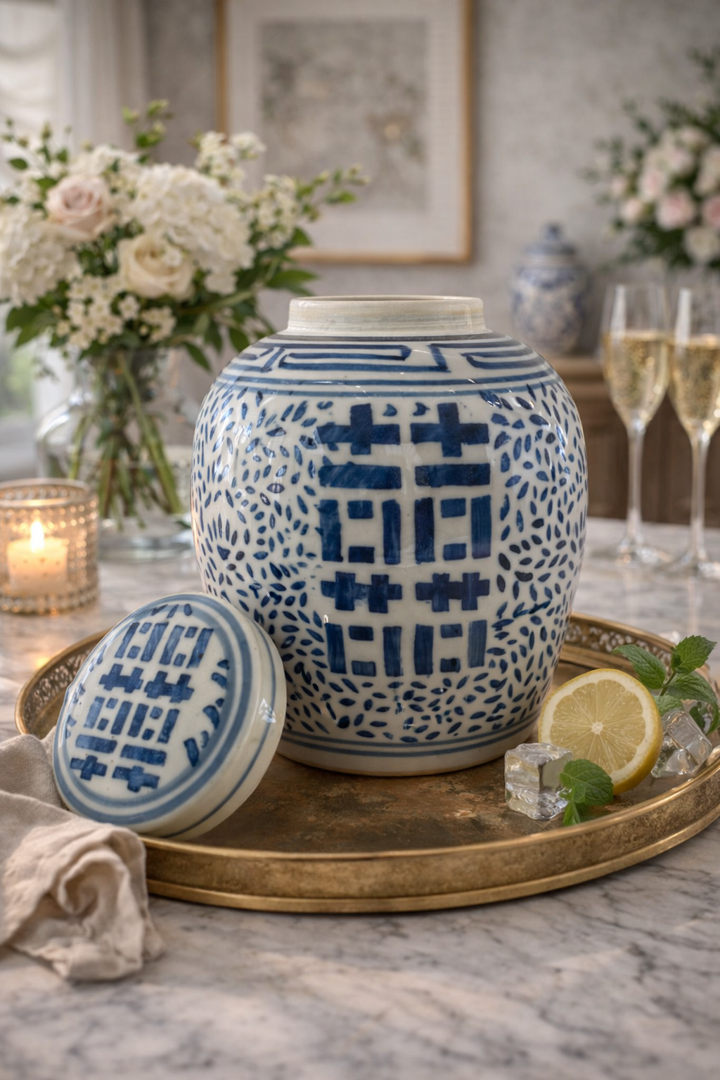 Vintage Blue & White porcelain Chinese ginger jar with double happiness symbol