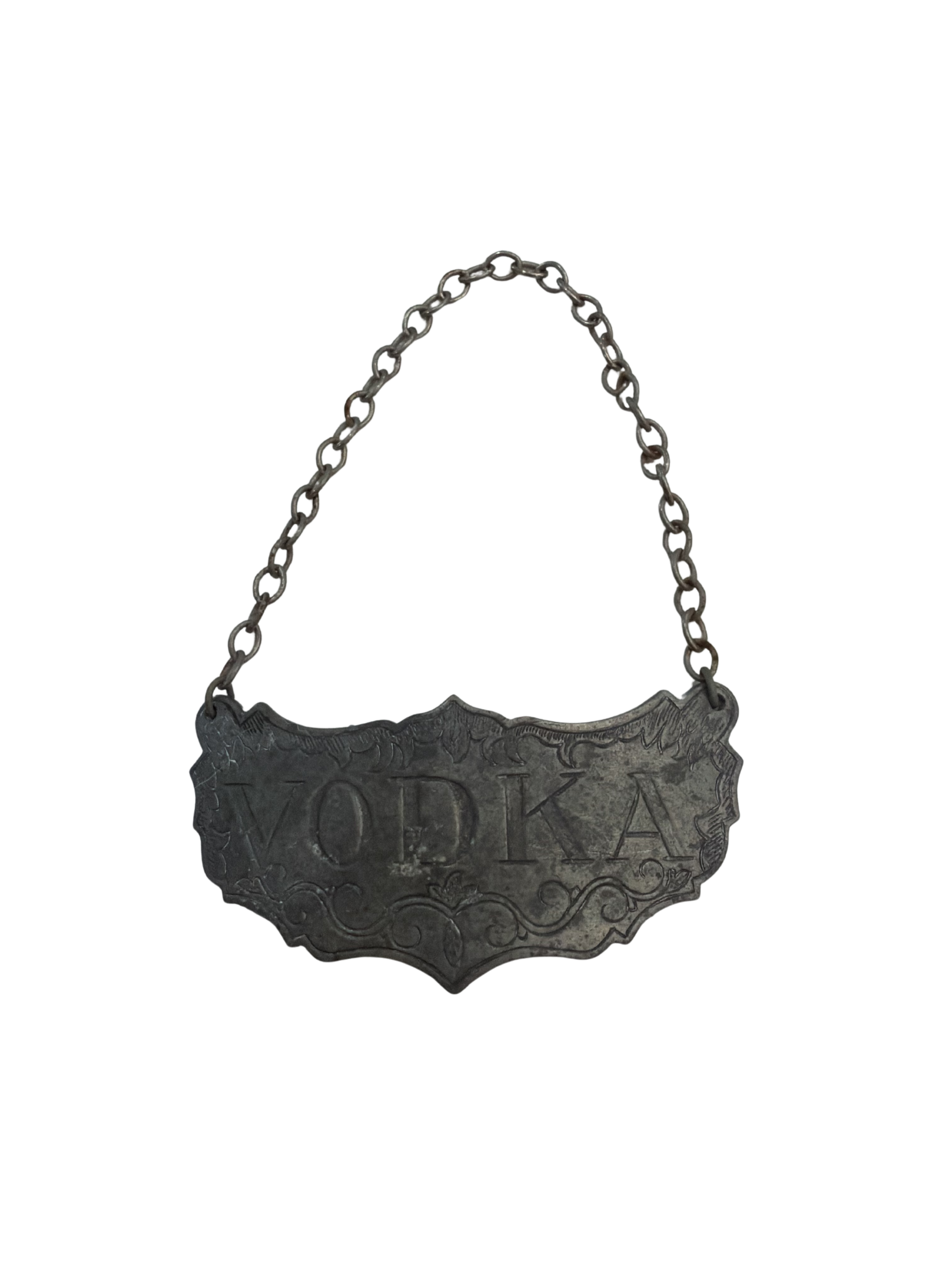 A set of three vintage metal decanter tags for Bourbon, Vodka, and Scotch