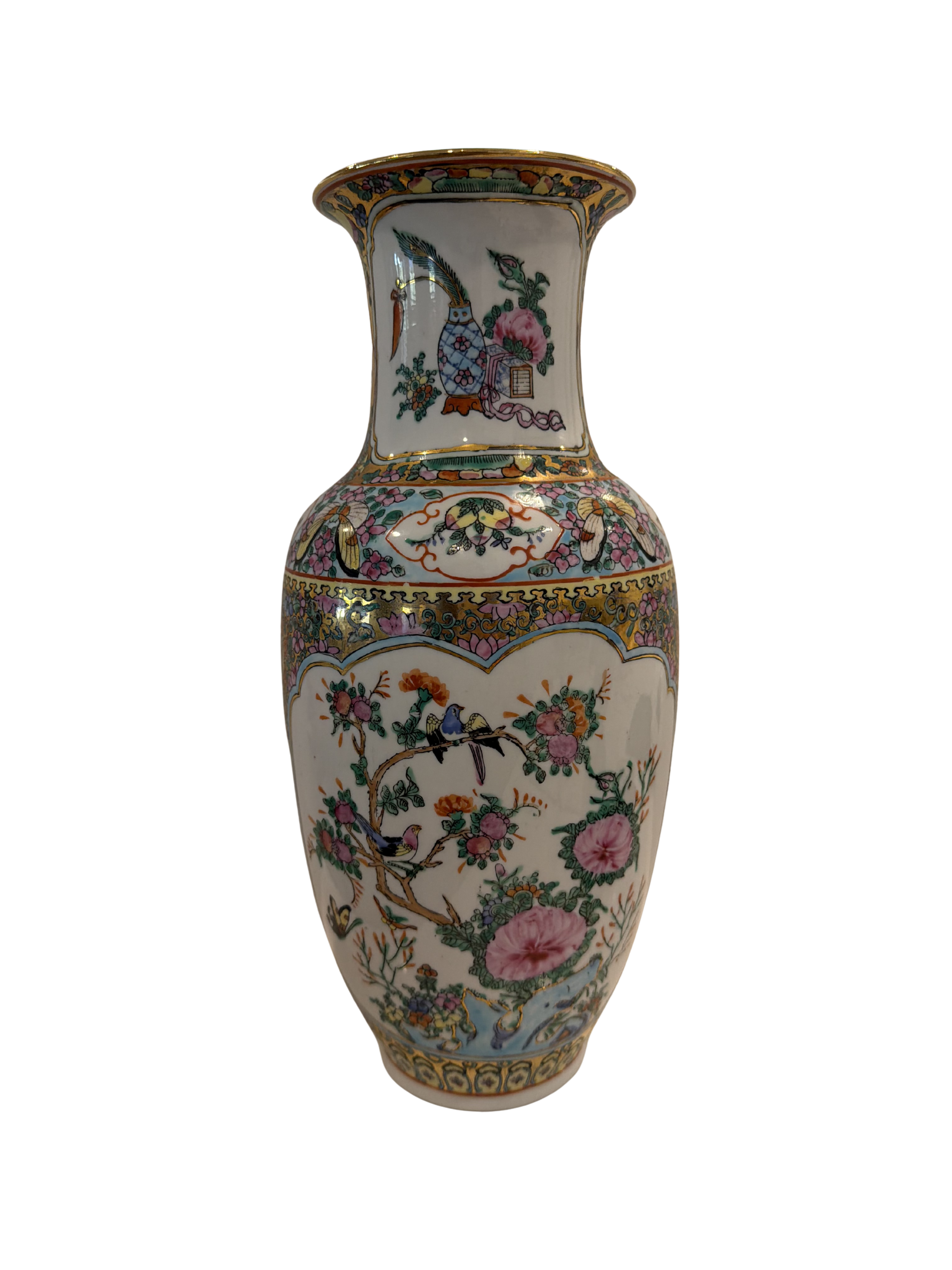 Vintage Ornate Chinese Porcelain Famille Vase with hand painted birds and floral motifs