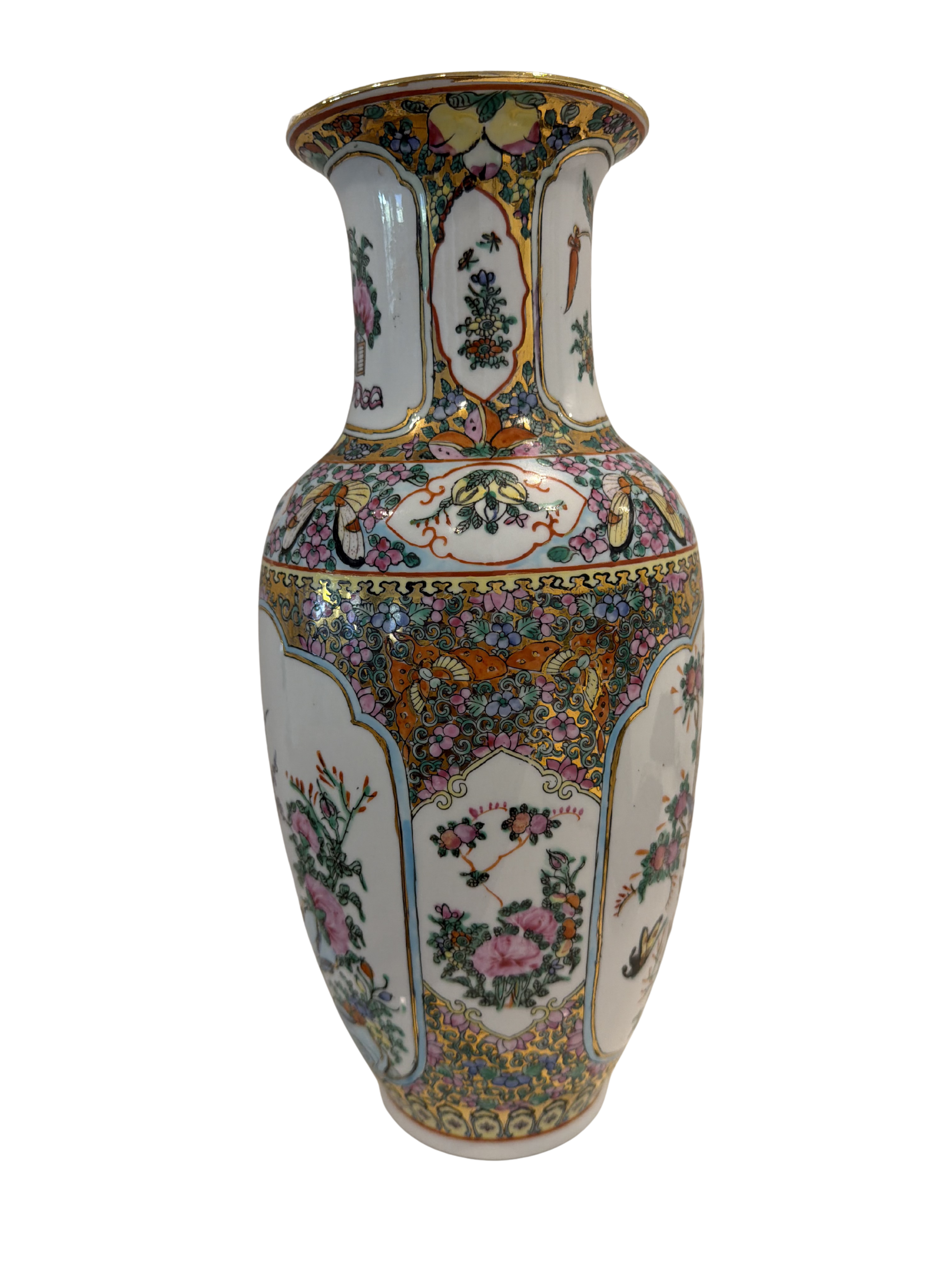 Vintage Ornate Chinese Porcelain Famille Vase with hand painted birds and floral motifs