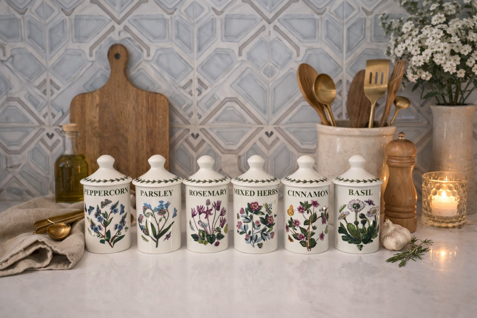 Set of six Portmeirion Botanic Garden ceramic spice jars