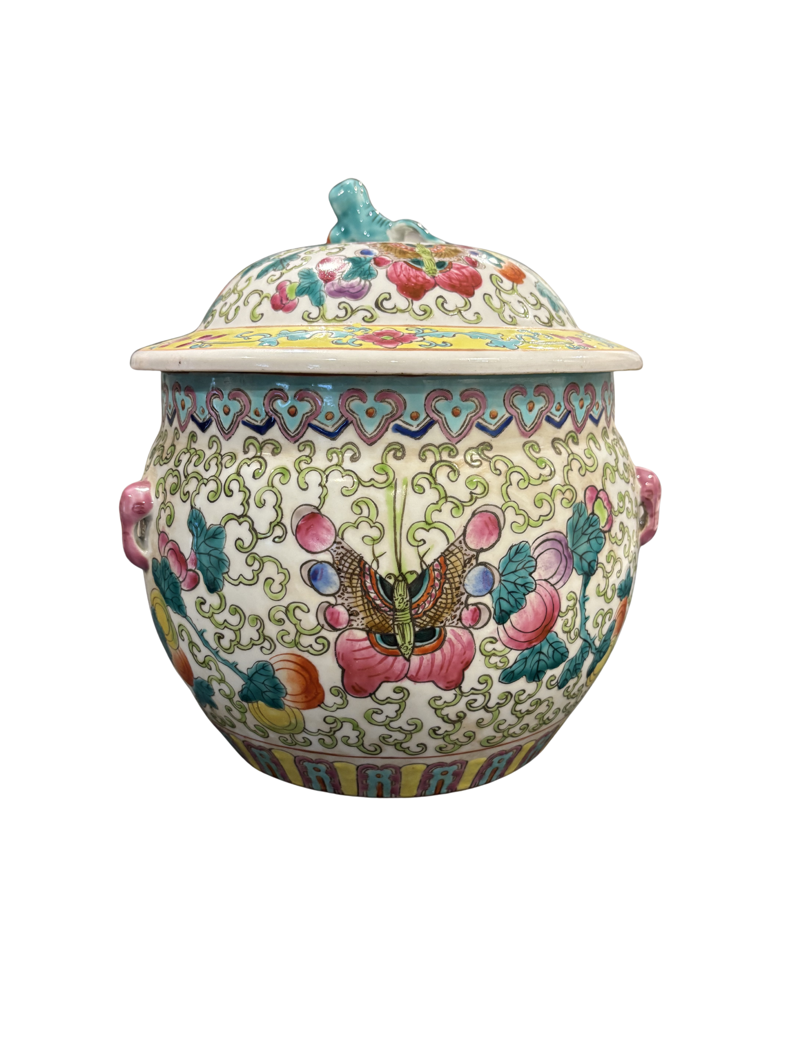 Chinese famille verte lidded ginger jar with butterfly and floral motifs