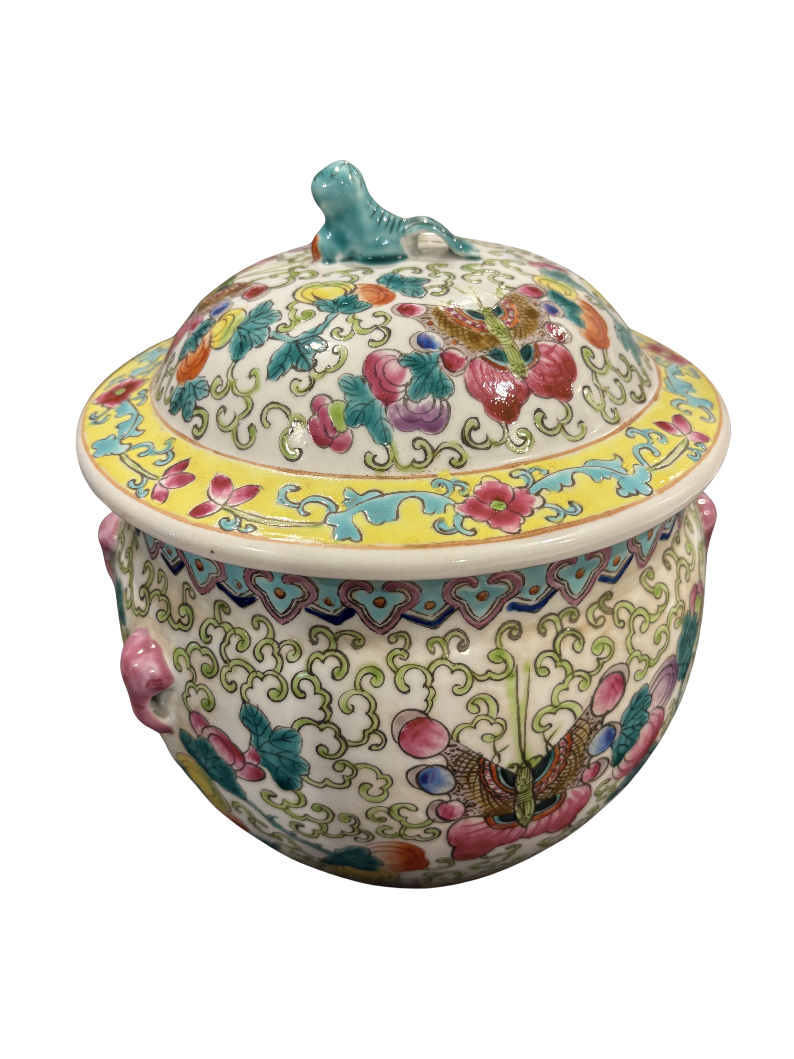 Chinese famille verte lidded ginger jar with butterfly and floral motifs
