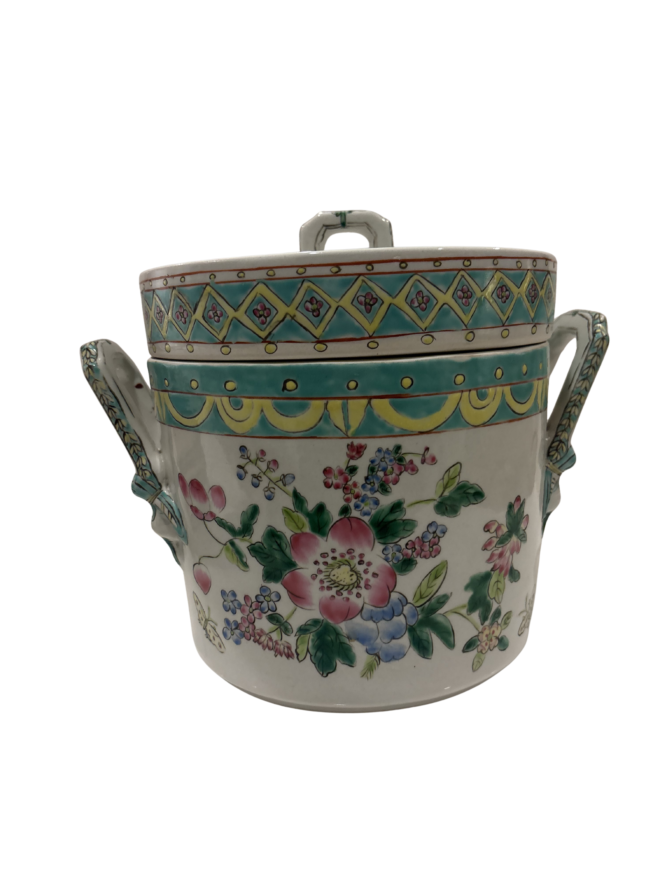 Antique Chinese Famille Rose porcelain ice bucket with lid and handles