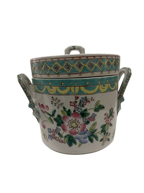 Antique Chinese Famille Rose porcelain ice bucket with lid and handles