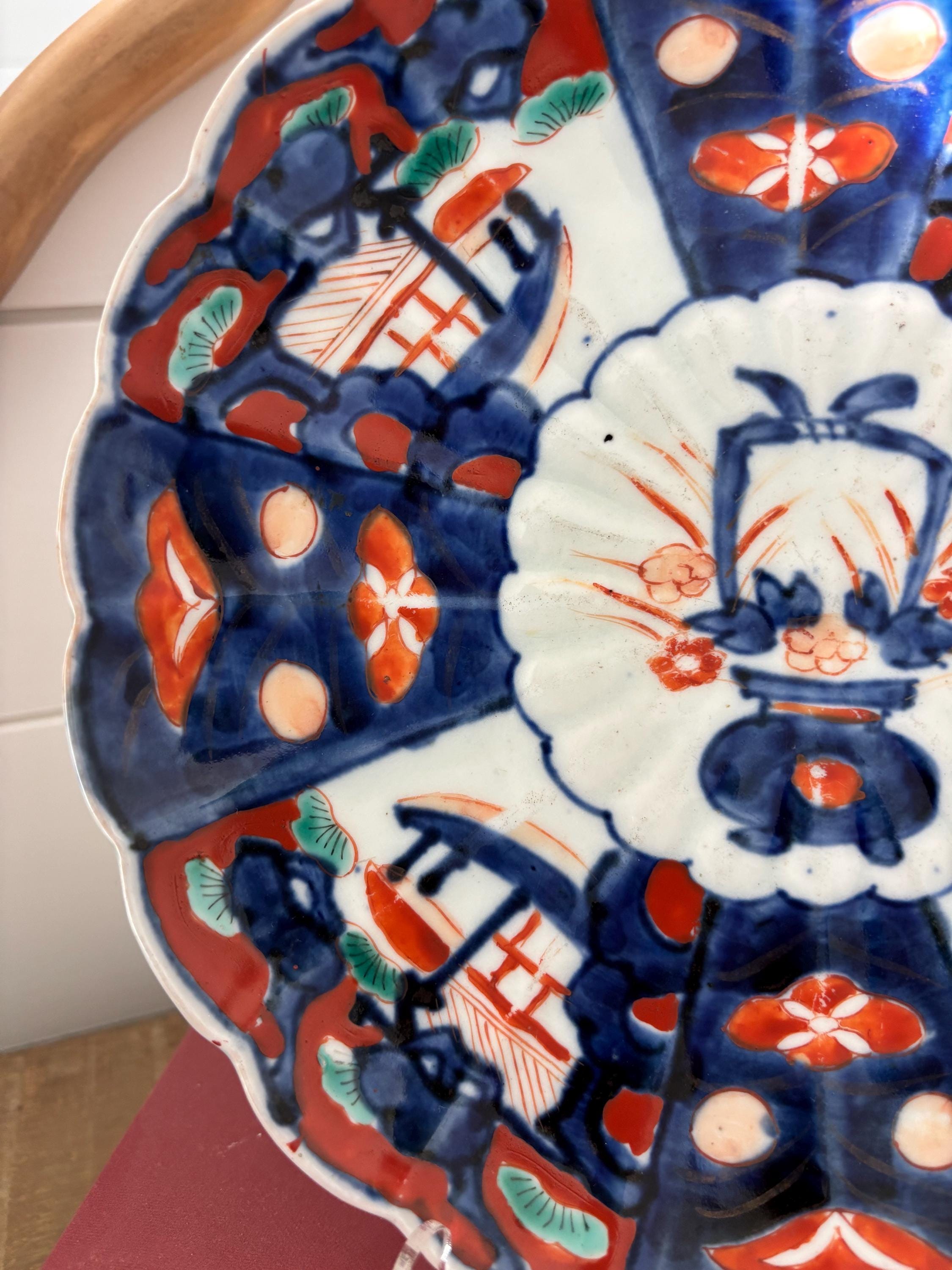 Antique Japanese Imari Scalloped Porcelain Plate –9” - Red, Blue & White – Hand-Painted 19th Century Charger