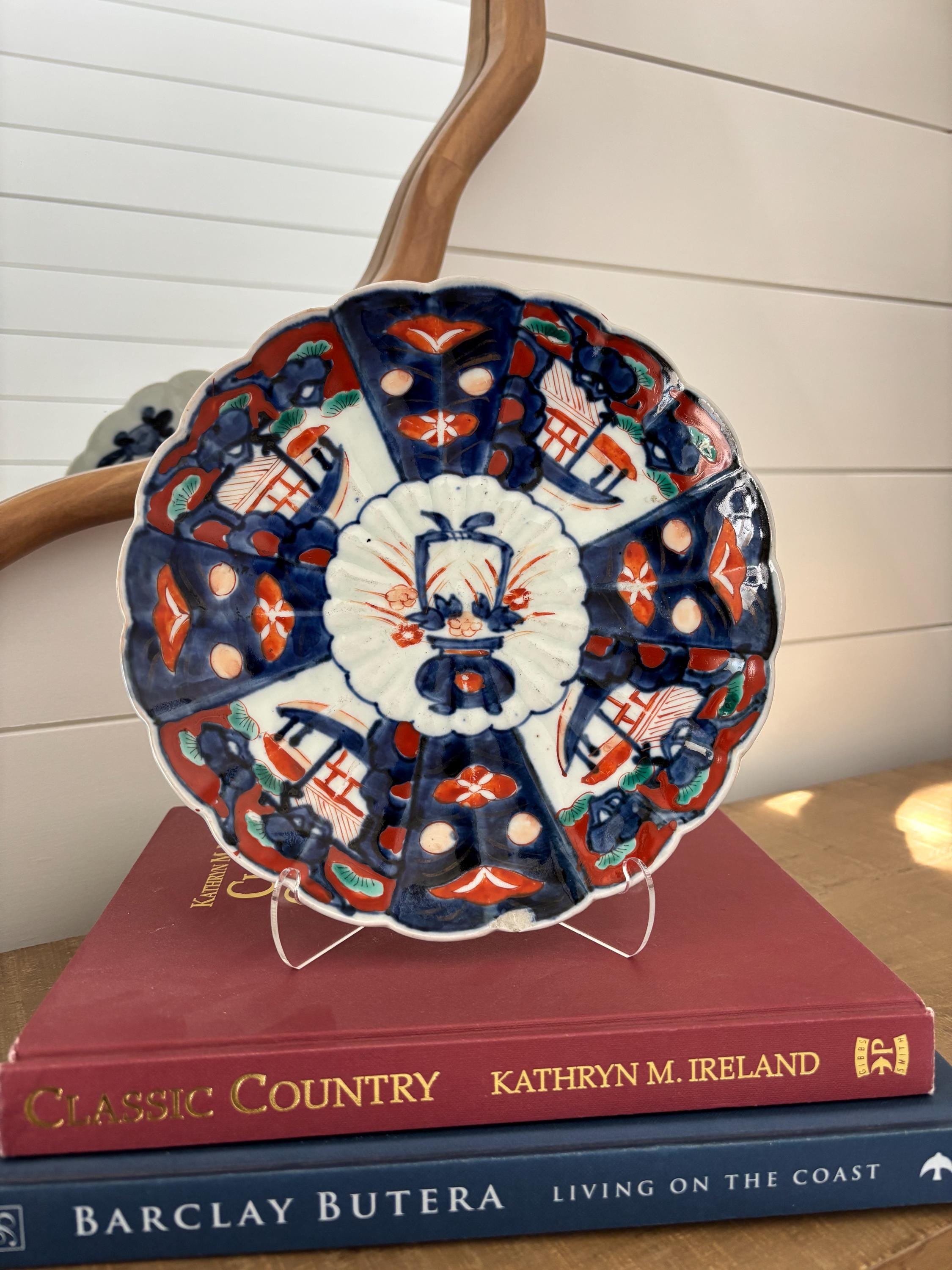 Antique Japanese Imari Scalloped Porcelain Plate –9” - Red, Blue & White – Hand-Painted 19th Century Charger